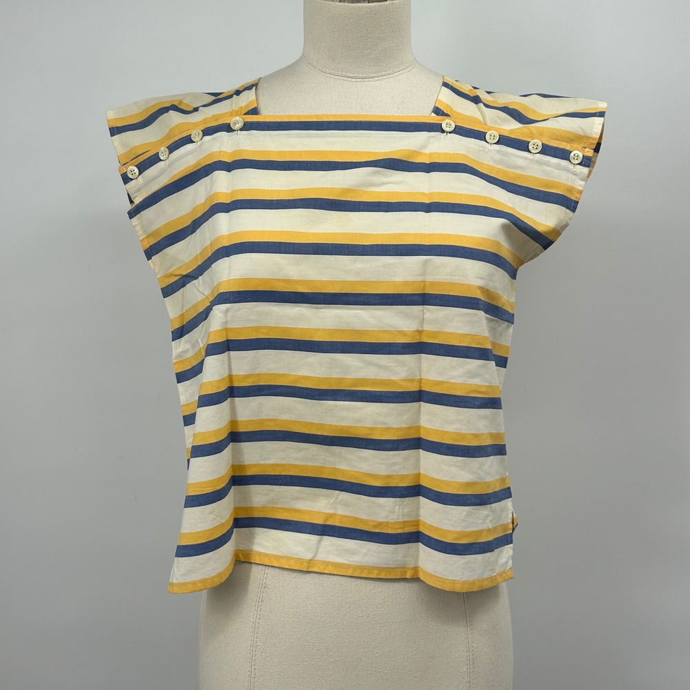 Vintage Hunters Run Blue Yellow Striped Cotton Square Neck Button Shoulder Top 5